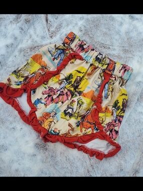 2T Western Print Shorts with Red Ruffle Trim